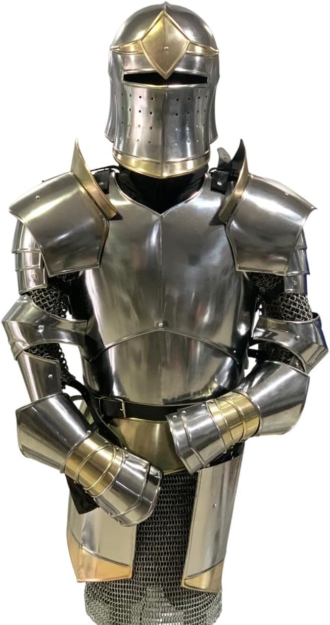 Medieval Knight Half Suit of Armor-Italian Milanese Wearable Medieval Armor Costume with Helmet Perfect for LARP, Reenactmen, Cosplay Events-Halloween & Theator Act Costume Silver
