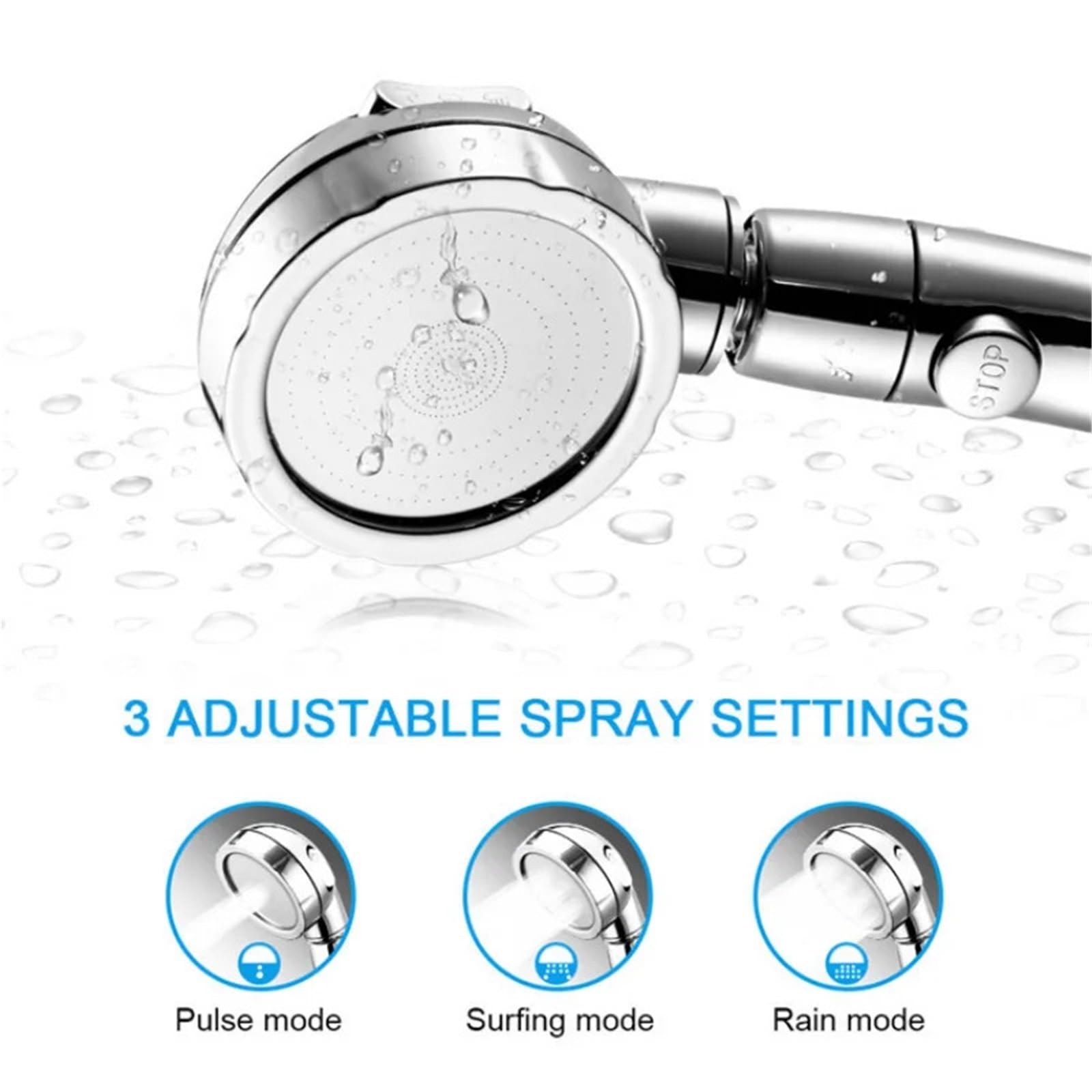 Głowica prysznicowa, Universal 3 Mode Adjustable High Pressure Rain Shower Head 2 Pcs Silver