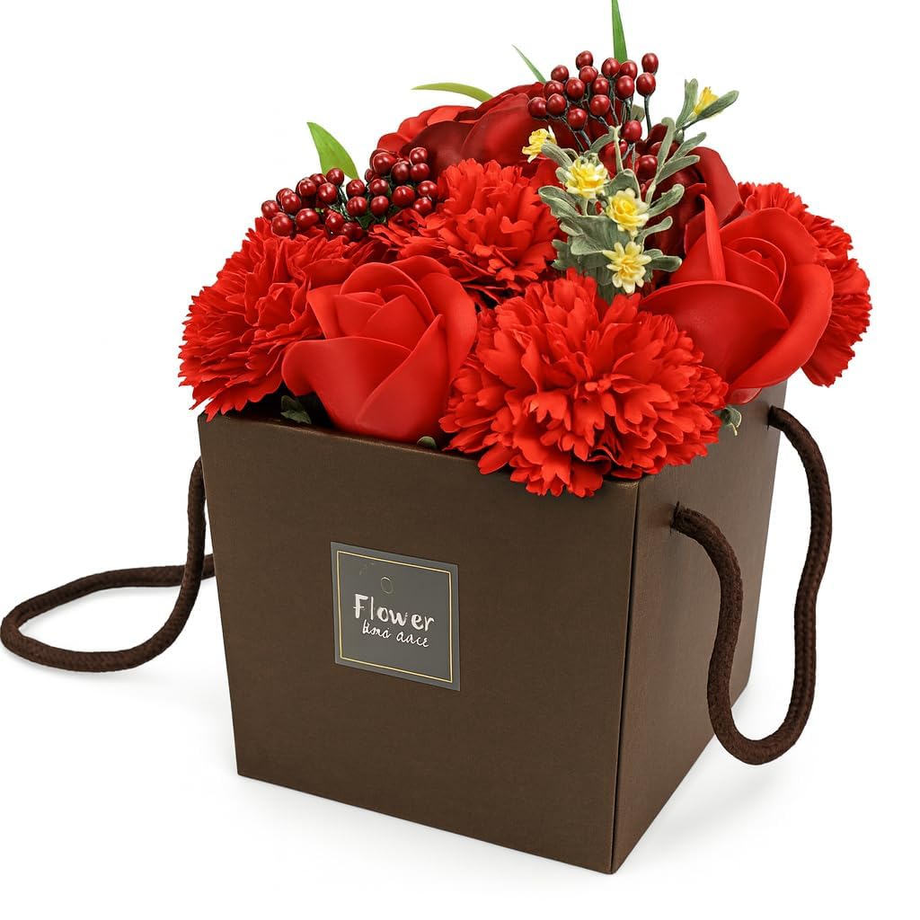 SEZHN Soap Flowers Bouquet Red Roses and Carnations - Mothers Day Flowers