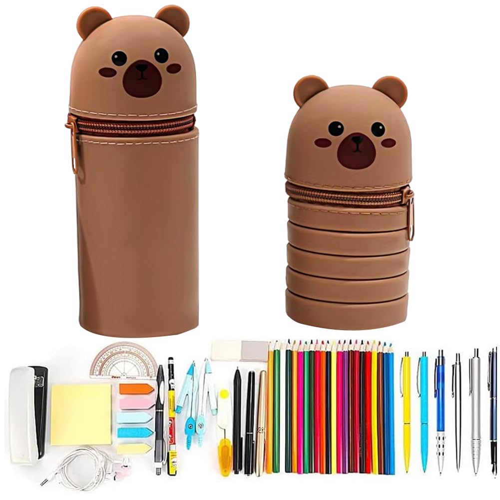 OZXVXZO Estuche 2 en 1 de Silicona Suave, Estuche y Soporte para bolígrafos de Escritorio, Estuche Vertical Lapices Retráctil, Aesthetic Estuche Papeleria de Cremallera para Niños Niñas(Oso Pardo)