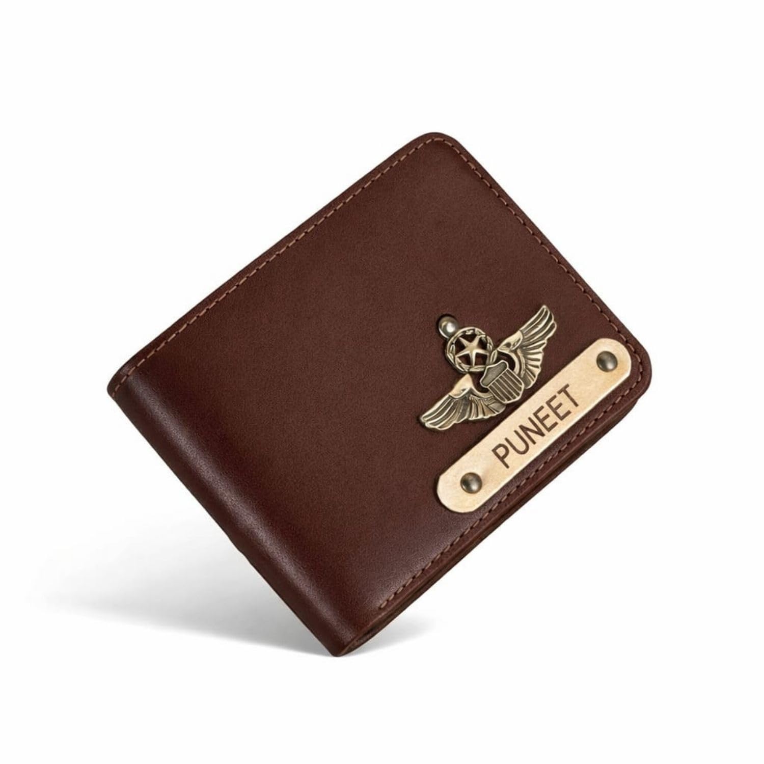 Personalized Bifold Wallet for Men, Brown Faux Leather with Custom Name Engraving and Gold Charm, 11x9x1 cm (Brown)-image-39