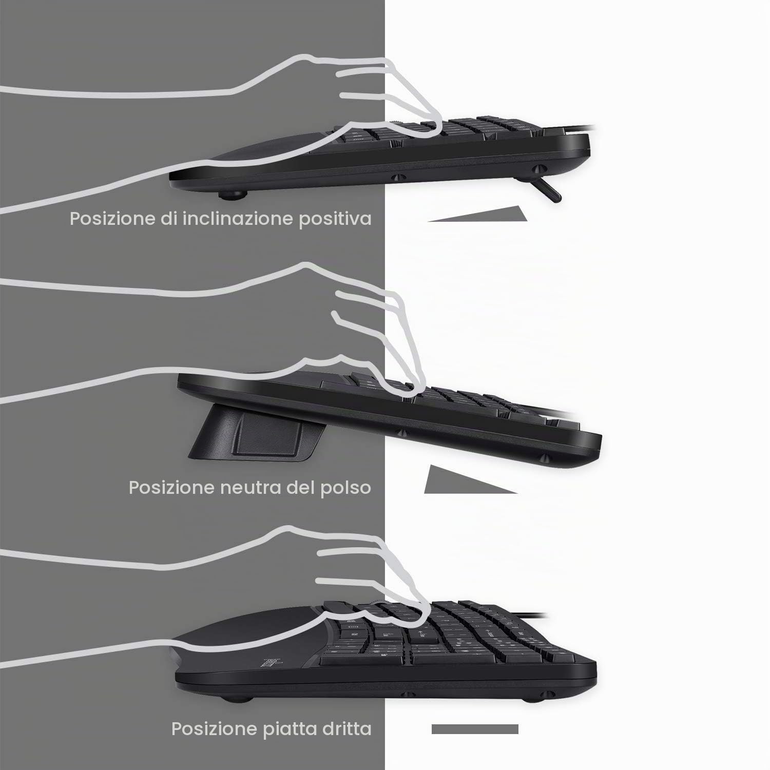 Perixx Periduo-505, Set Tastiera ergonomica con Mouse Verticale, 3D Design con Tasti divisi e Rotella di Scorrimento inclinazione, poggiapolso Regolabile e Profilo ribassato, US Inglese Layout