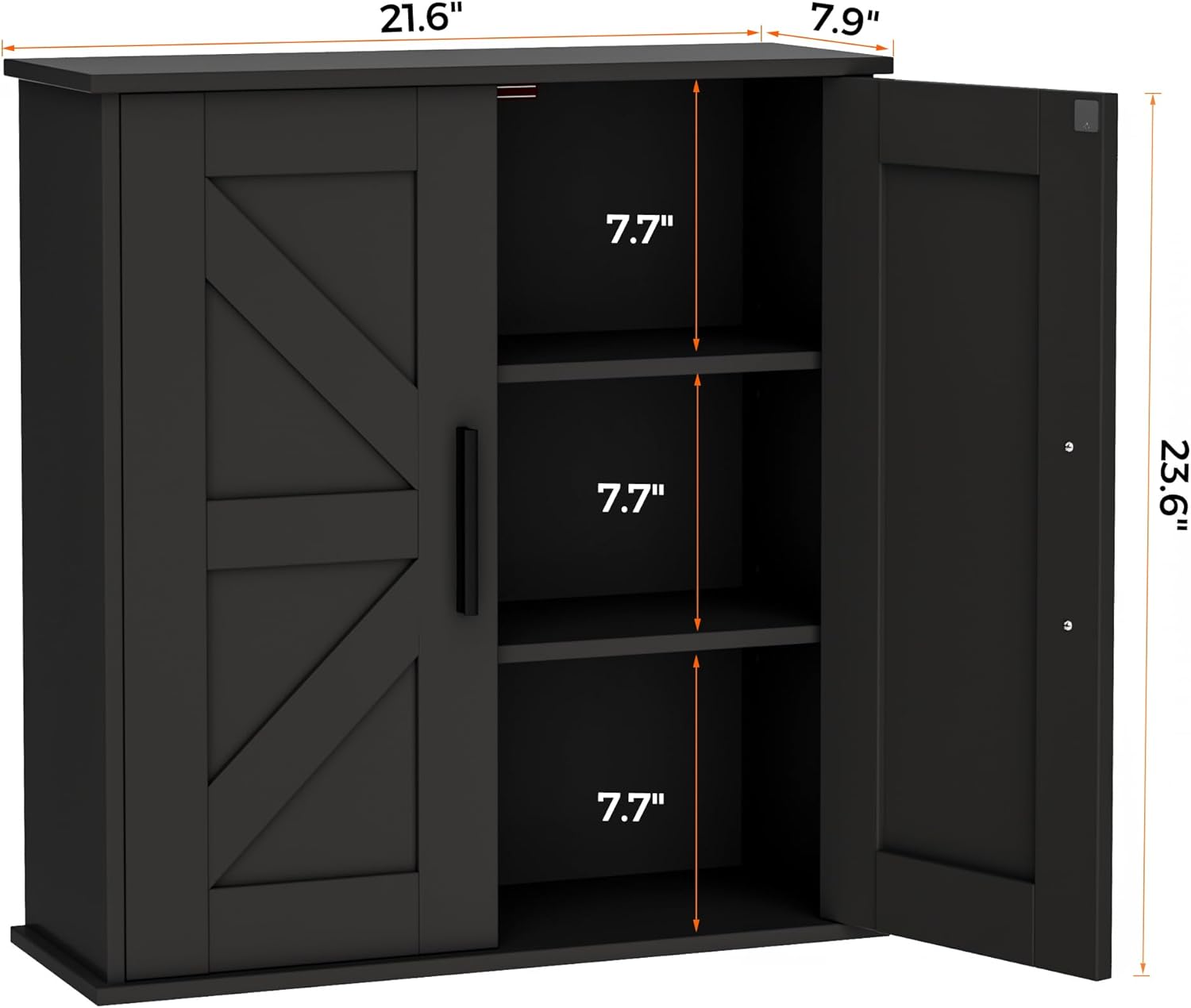 Bathroom Wall Cabinet, Over Toilet Storage Cabinet with Barn Doors and Adjustable Shelves, 3-Tier Medicine Cabinet Wall Mounted, for Bathroom, Kitchen, Entryway, Laundry Room, Black, (7.9" D)