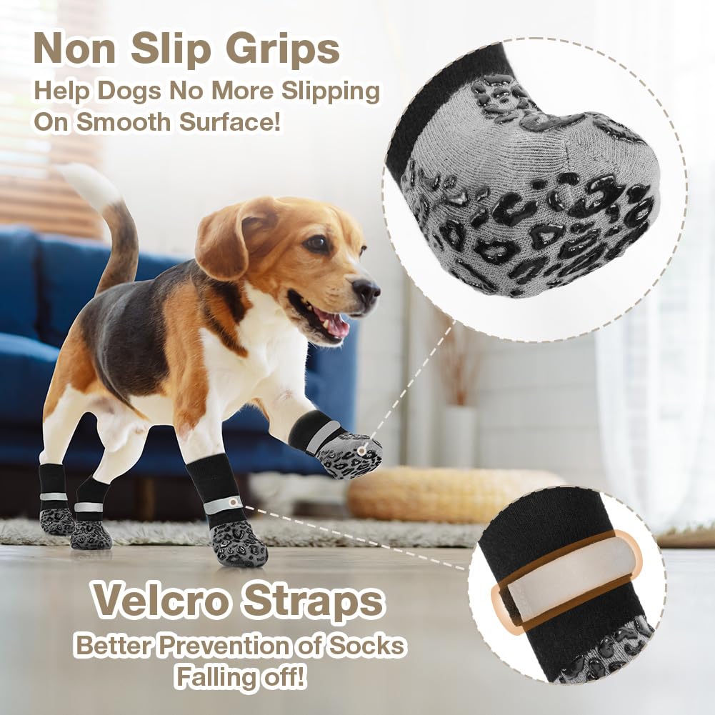 Adiwo Calzini per Cani Antiscivolo, 4PCS Regolabili e Iavabili Calzini Cane, Protezioni per Zampe di Cane per Piccola Taglia, Media Taglia (Stampa leopardata XS)