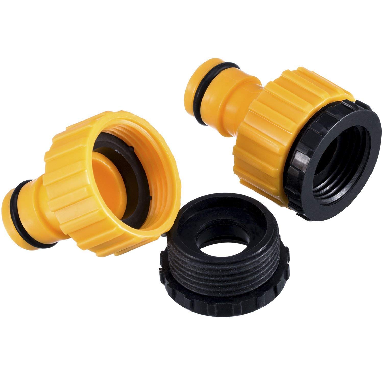 EETools1/2 Inch and 3/4 Inch Size 2 Pack Plastic Garden Hose Tap Connector, Yellow
