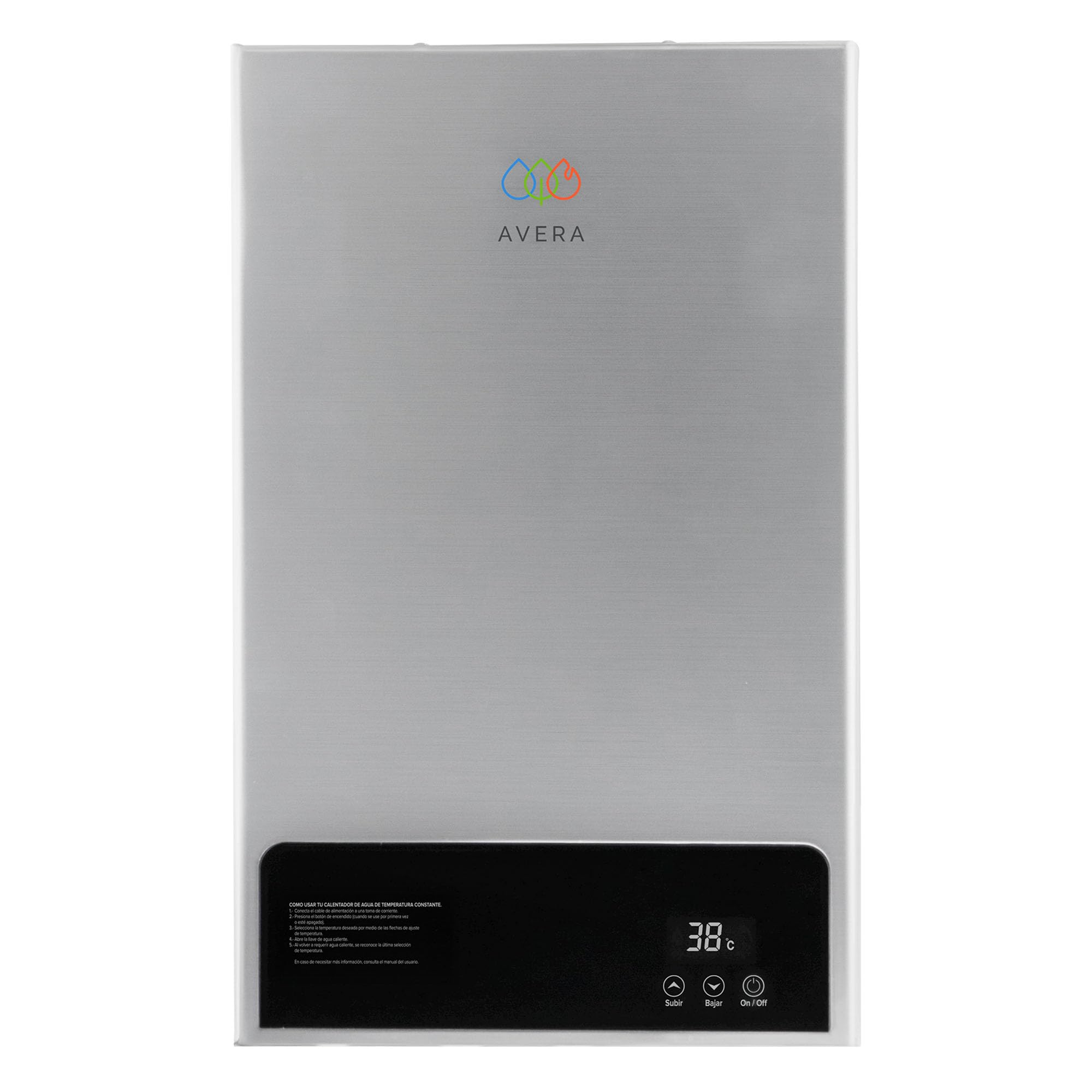 AVERA CM10 water heater with dimensions: 56 cm height, 35 cm width, 14.5 cm depth, and 8.5 kg weight.