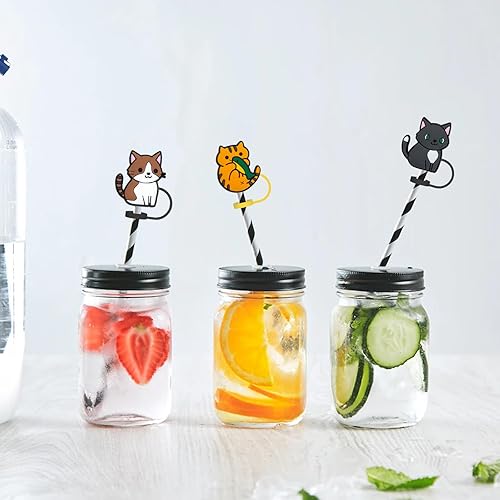 Miniatura 7 de Paquete de 12 fundas de popote reutilizables, con diseño de gato, a prueba de polvo, para popote de 6 a 0.315 in, protector para accesorios de