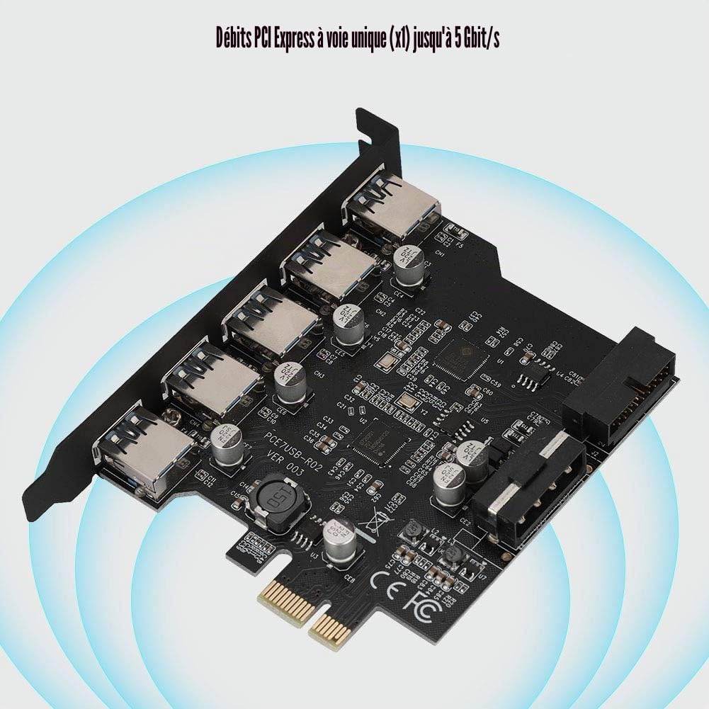 Diyeeni Carte PCI-E vers USB 3.0 PCI Express à 5 Ports, Carte PCI-E USB 3.0 Express avec connecteur Interne à 19 Broches, Prise en Charge de la Carte d'extension PCI Express UASP