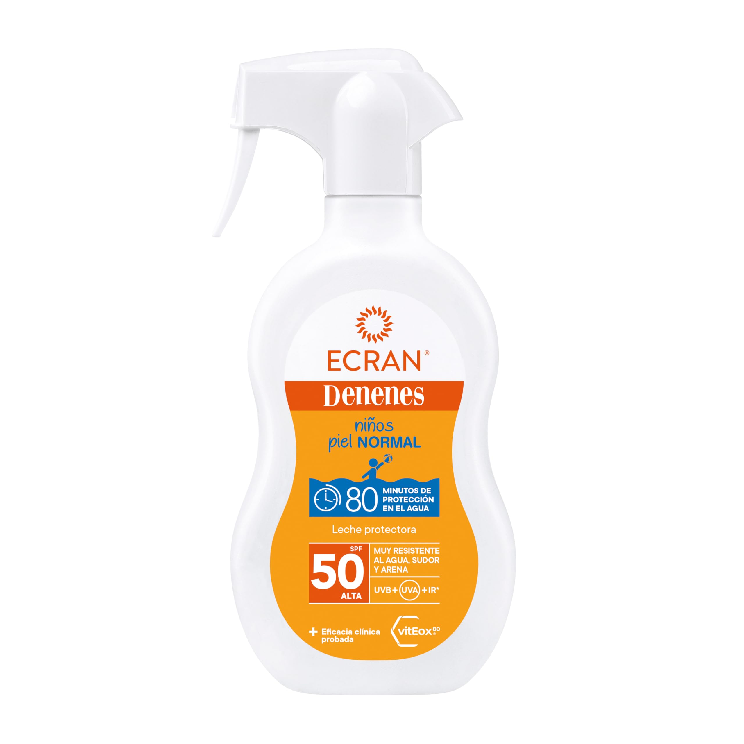 Ecran Denenes - Leche Protectora Solar FPS 50+ para Niños en Spray, 80 Minutos de Protección UVB, UVA e IR-A, con Extracto de Algodón y Vitamina E, Fórmula con VitEox 80, Todo Tipo De Piel - 270 ml