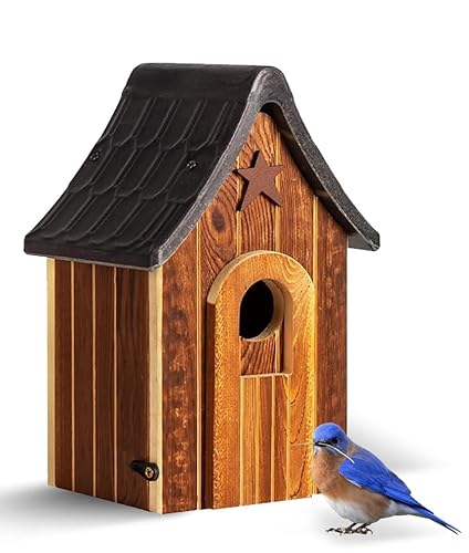 Water Proof Bluebird Bird Houses for Outside, 1.5" Entrance with Landing Perch Guard, Rustic Patriot Style, Squirrel Proof Composite Material Bird House for Outdoor, HDPE Roof 10 Years Weatherable