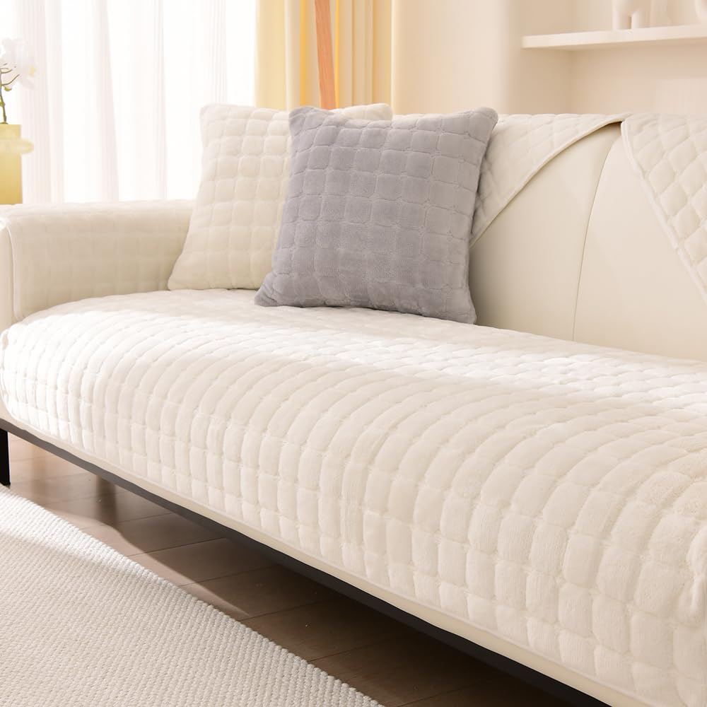QIAQ Soft Velvet Sofa Covers Washable - Universal Non-Slip Sofa Cushion Covers 1 2 3 4 Seater Couch Covers for Sectional Sofa (70x150 cm,White)