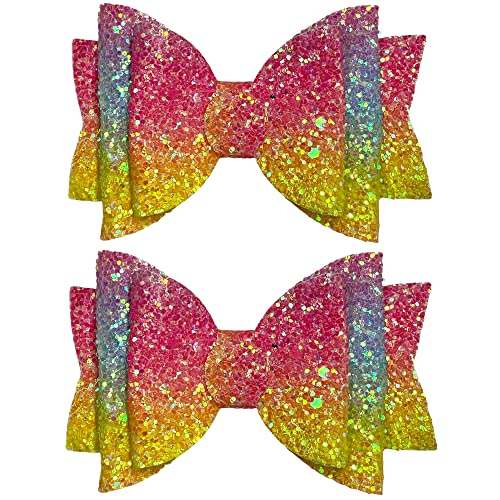 Rainbow Multi Glitter Hair Bows Clips Slides Grips for Woman Girls Handmade 3.5" inch - 2 Pack, 1 count (Pack of 2)
