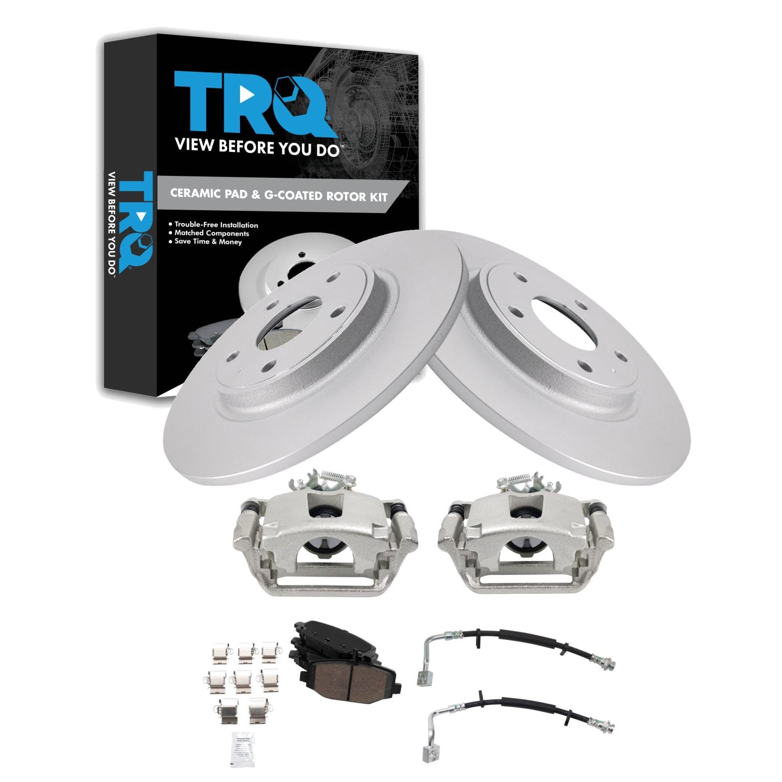 TRQ Rear Brake Pad and Rotor Set Ceramic 328mm G Coated Rotors Calipers Compatible with 2012-2016 Chrysler Town &amp; Country 2012-2018 Dodge Grand Caravan 2013-2015 Ram Cargo Van