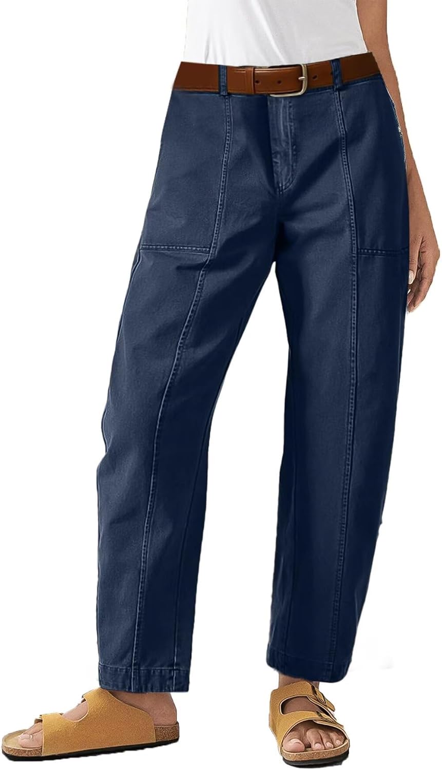 Flamingals Women’s Mid Waist Crop Pants Carrot Straight Leg Casual Fashion Trendy Stitch Detail Pants