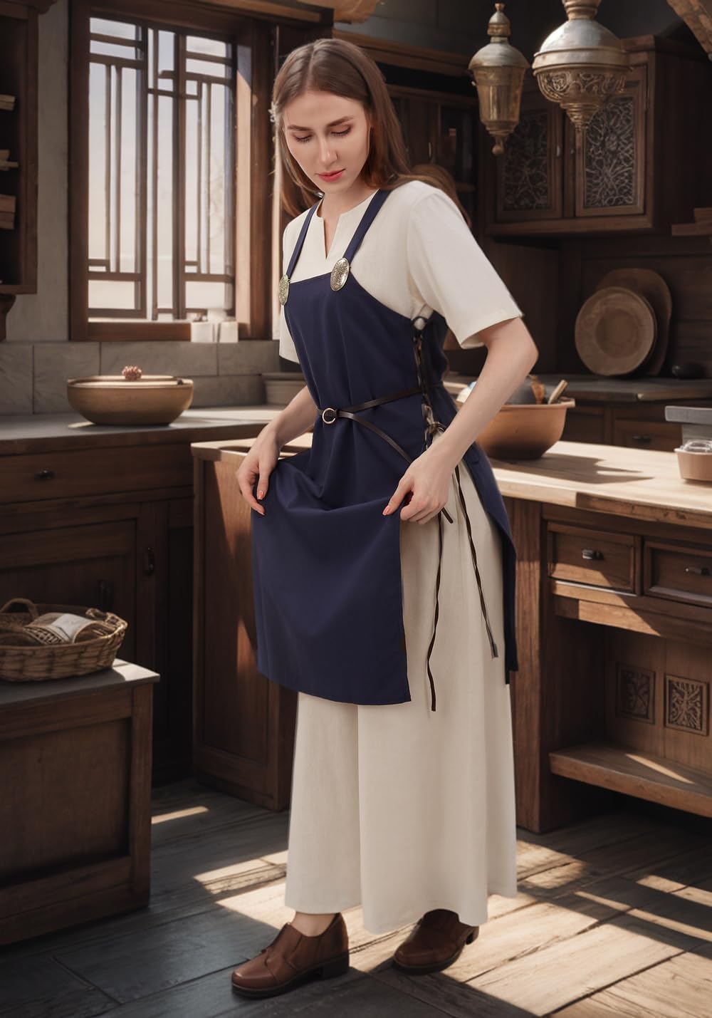 FURPHI Medieval Linen Underdress Short Sleeves Tunic Peasant Dress Cosplay Costumes for Women - Image 5