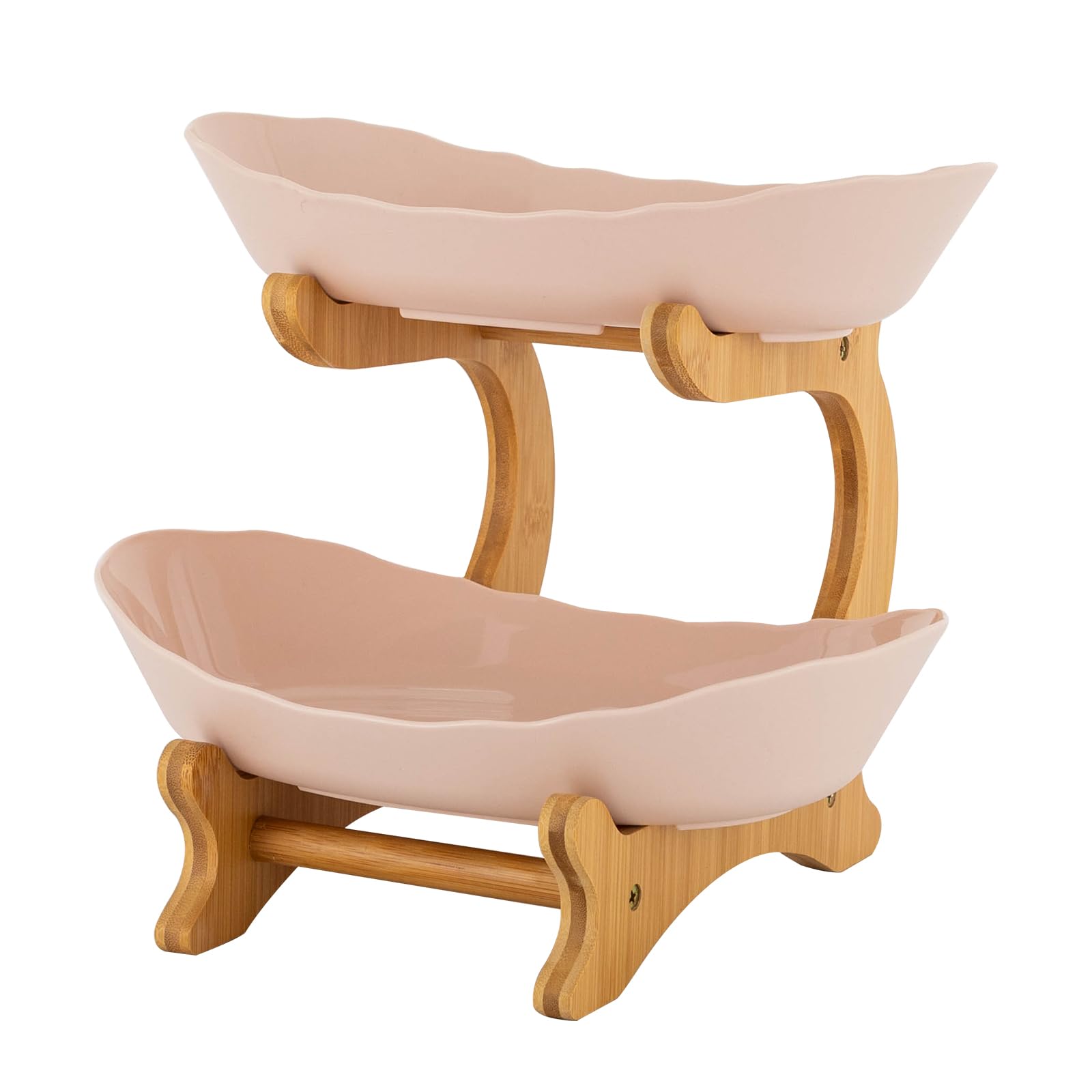Repomanda 2-Tier PP Fruit Bowl with Bamboo Stand – Large Kitchen Countertop Organizer for Fruits, Vegetables, Snacks & Bread – Yuanbao-Shaped, Anti-Slip ( White/ Beige ) (Beige)