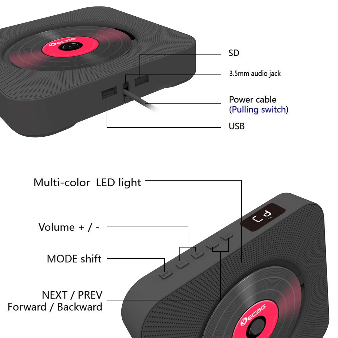 KECAG CD Player Wall Mountable Desk Bluetooth 4.2 with Display Sleep