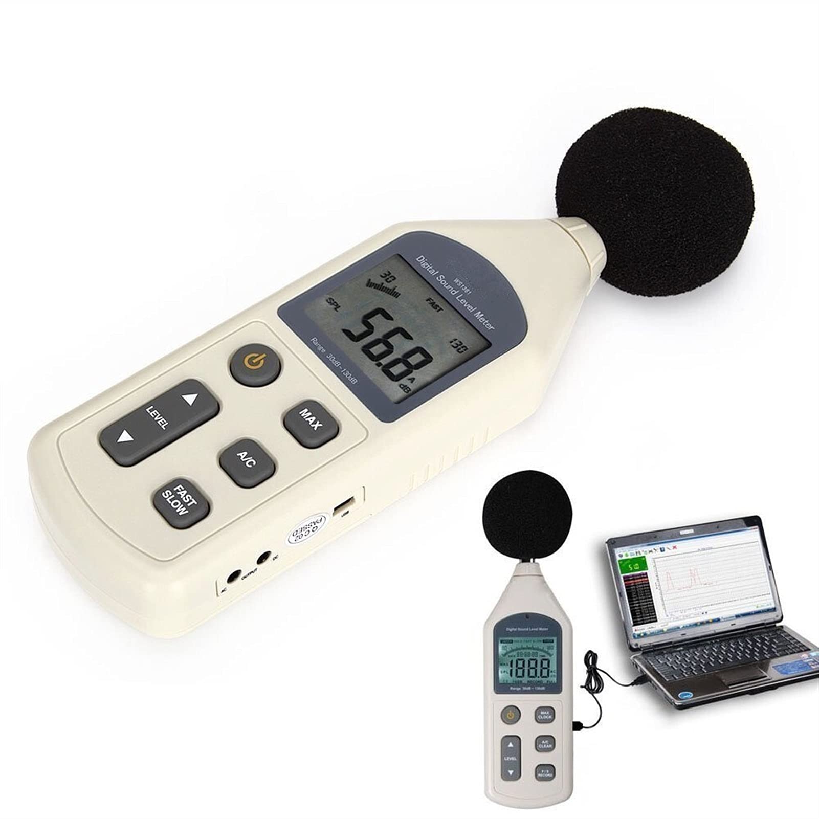 Medidor de Nivel de Sonido Digital Medidor de Ruido Nivel Sonido USB Decibel Mano Datos Meter