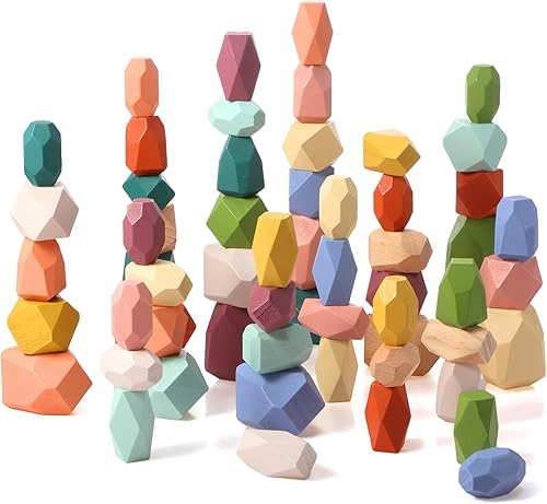 Jenaai 60 piezas de juguetes Montessori de rocas apilables para niños de 1 año de edad, piedras de equilibrio de madera coloridas para bebé, cesta