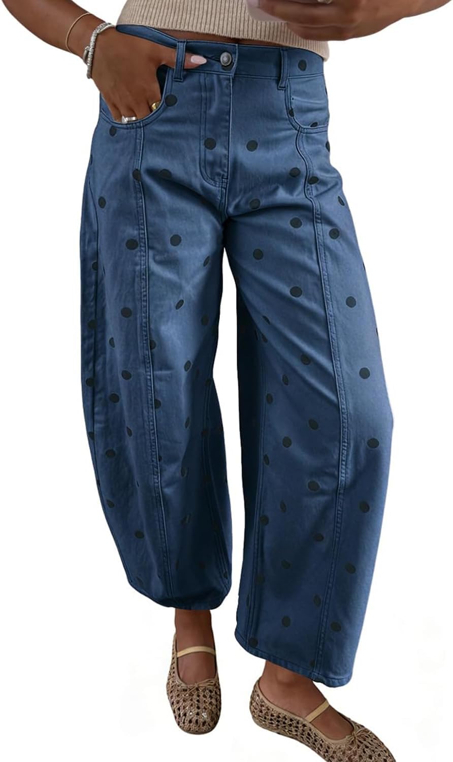yoeasy Womens Baggy Barrel Jeans Polka Dot Print Boyfriend Y2K Casual Loose Wide Leg Ankle Denim Pants