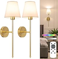 NIORSUN Gold Battery Operated Wall Sconces Set of 2 - Rechargeable Wireless Dimmable Lights w/ Remote, 5200mAh Bulbs, 10 Colors for Bedroom Hallway