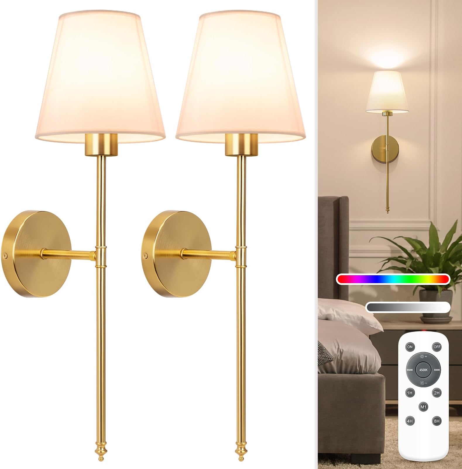 NIORSUN Battery Operated Wall Sconce Set of 2,Rechargeable Wall Lights with 5200mAh Dimmable Light Bulbs and Remote, 10 Colors Wireless Sconces for Bedroom Living Room Hallway(Gold)