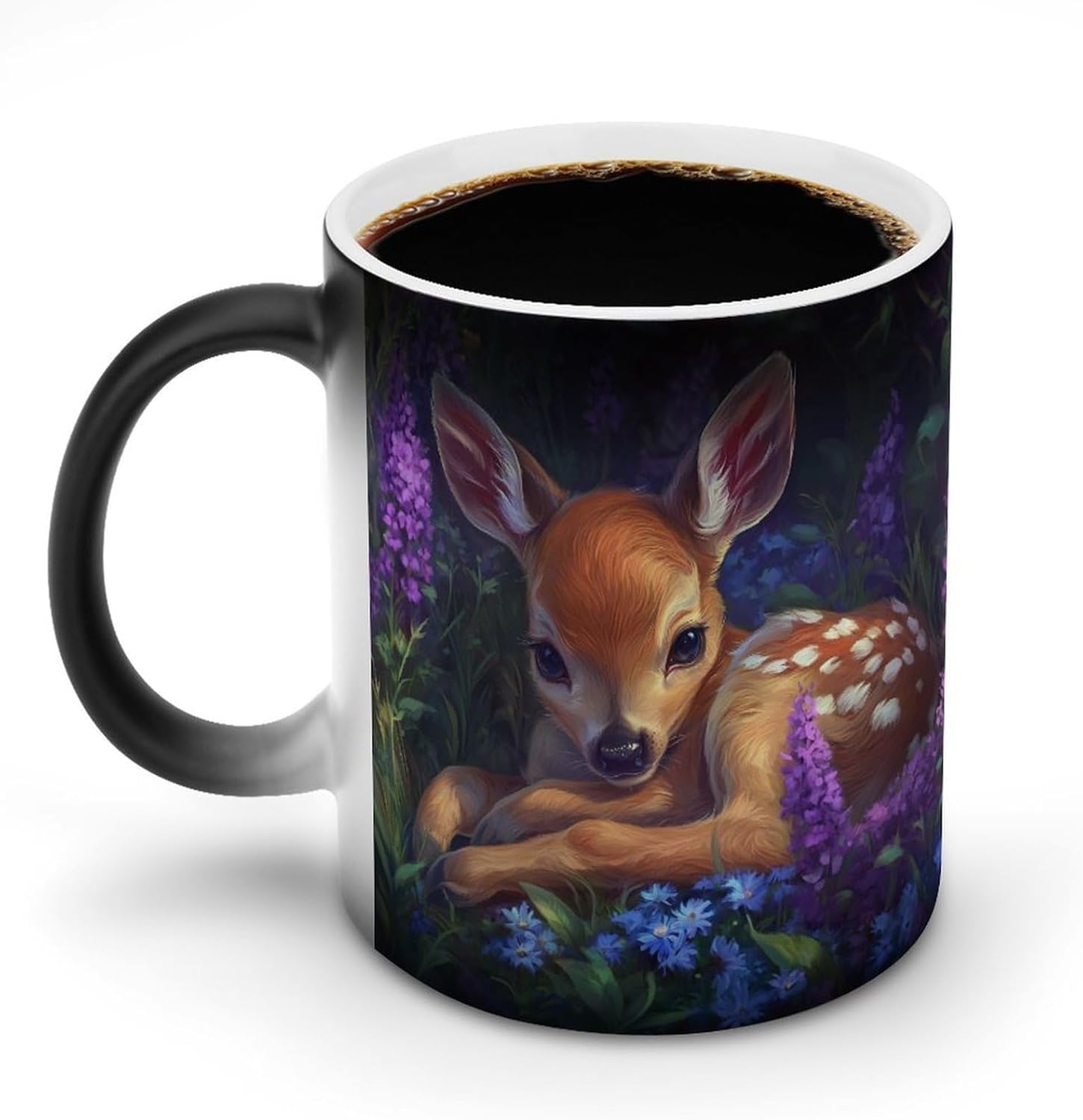 Deers Lying in Purple Flowers Color Changing Mug Heated Ceramic Cup Heat Sensitive Coffee Mug Fun Gift
