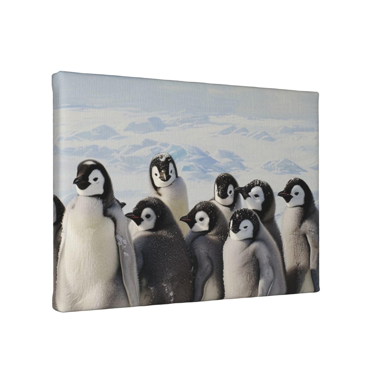 YKLJG Young Penguins With Snow Printed Wall Art Canvas Painting 30x20 CM Wooden Framed Picture Painting Artwork Prints for Bedroom Kitchen Home Office Decor
