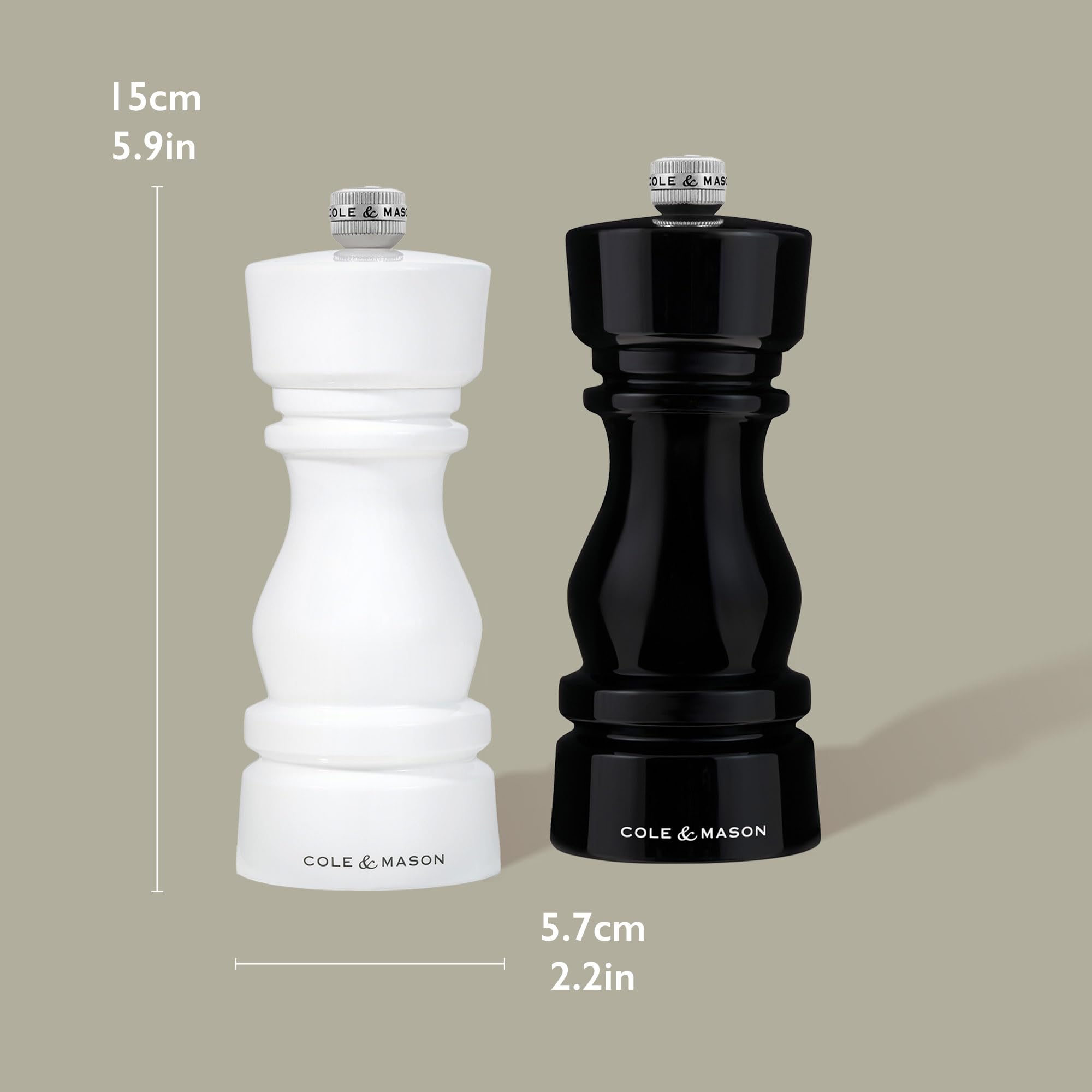 Cole & Mason Londyn czarno-biały akrylowy zestaw młynków do soli i pieprzu, regulowany mechanizm mielący, mechanizm ceramiczny, ręczny młynek do przypraw, trwały i wysokiej jakości, zestaw prezentowy
