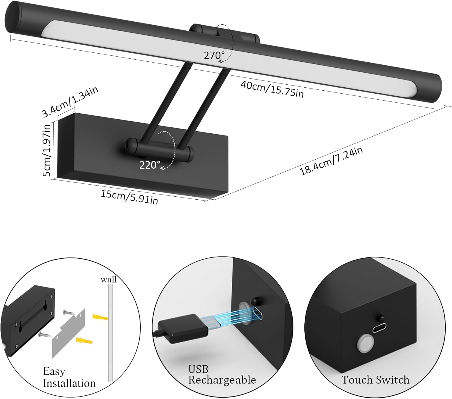 Battery Operated Picture Light,10000mAh Battery Picture Light 15.7In 3CCT Dimmable Black Gallery Light Rechargeable Wireless with Remote Timer