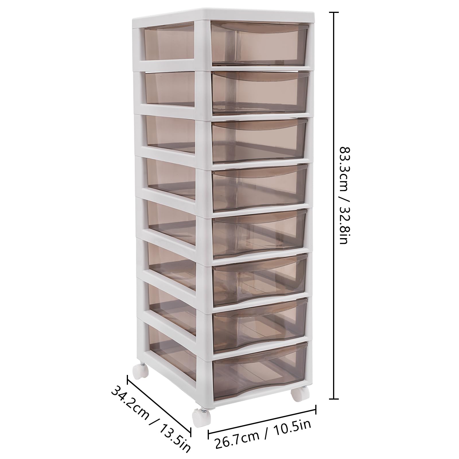 Armadietto con 7/8 cassetti da scrivania in plastica PP, cassetti trasparenti con maniglie, 4 rotelle, colore cachi, per ufficio, cosmetici, giocattoli (8 cassetti)
