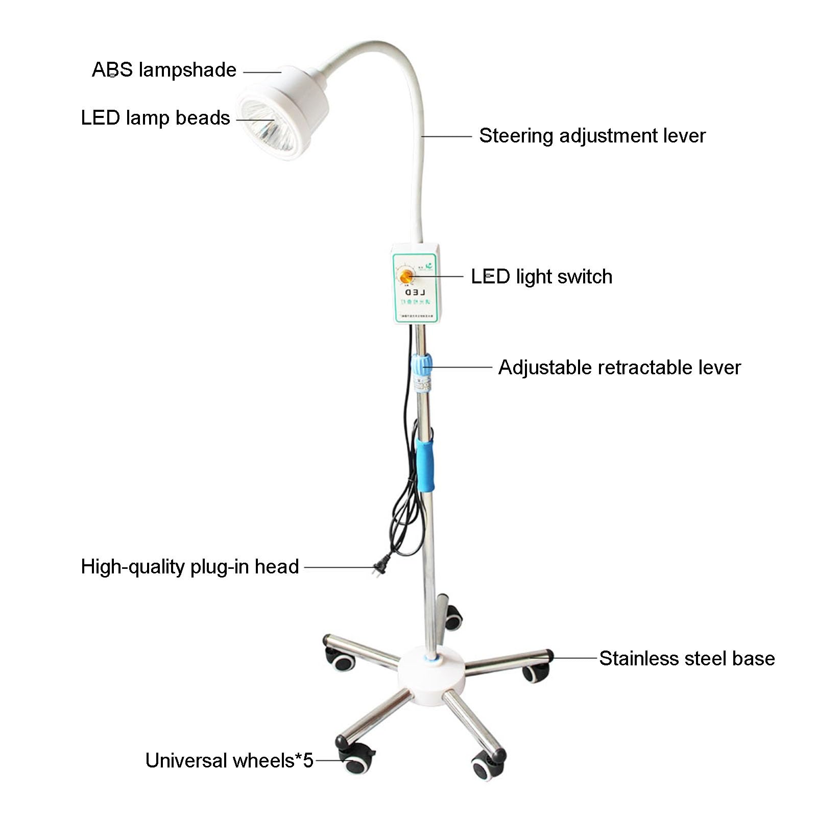 20W Chirurgische Untersuchungslampe, LED Mobile Untersuchungsleuchte, Höhenverstellbar mit Sockel, Zahnärztliche Mundlichtlampe, Schwanenhals Untersuchungslampe