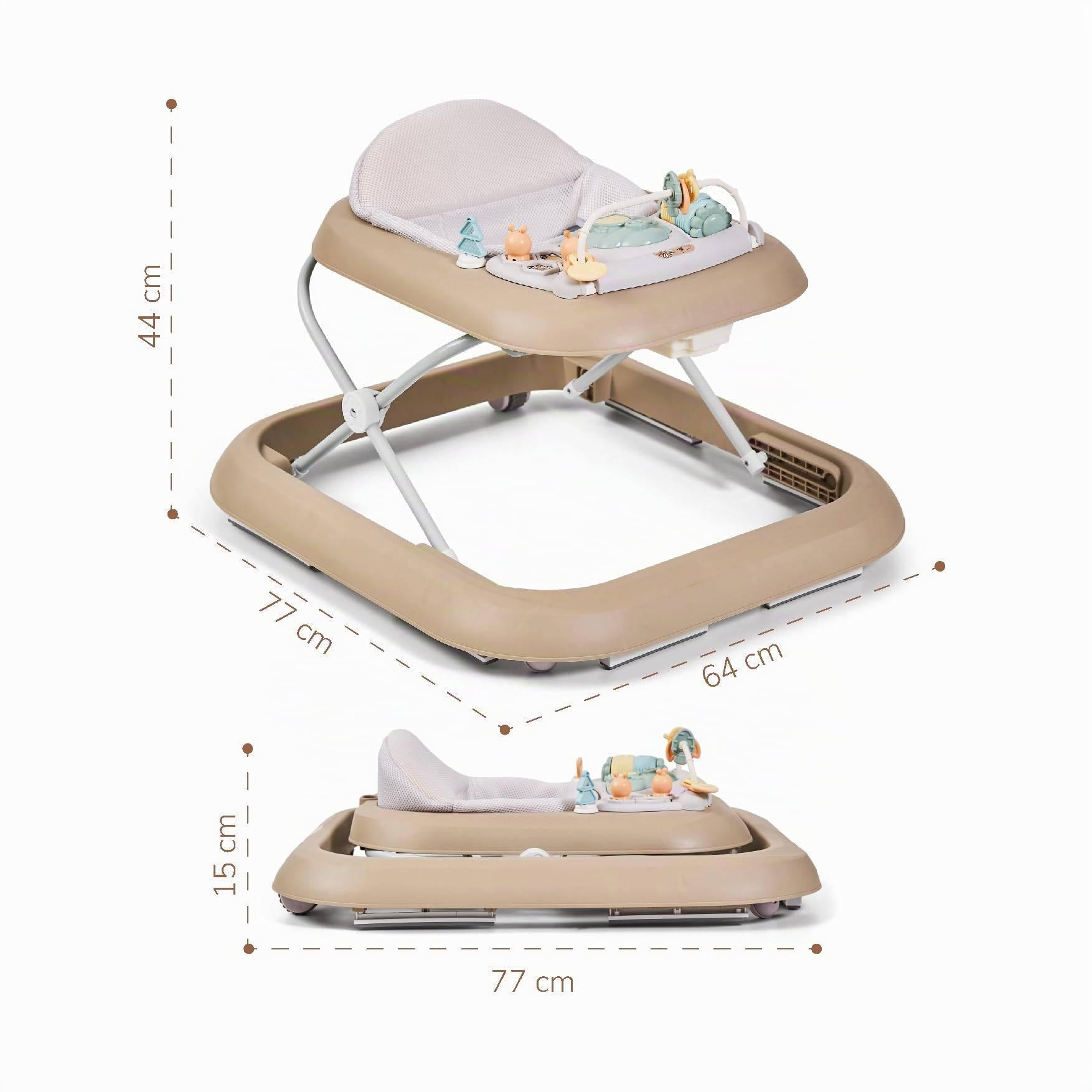 Buddy Baby FUNNY - Deambulatore per bambini + 6 mesi con base antiribaltamento - Include Vassoio con Suoni e Giochi - Pieghevole compatto, altezza regolabile e ruote girevoli a 360° (Sabbia)
