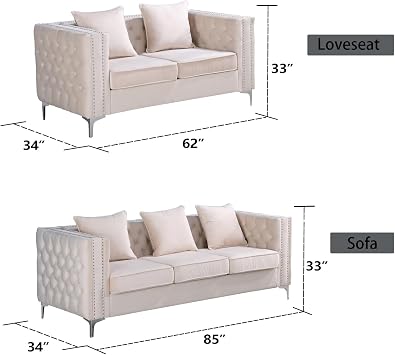 Hybition Velvet Loveseat - Mid-Century Modern Sofa, Button-Tufted Couch with Metal Legs for Living Room Beige/Sofa