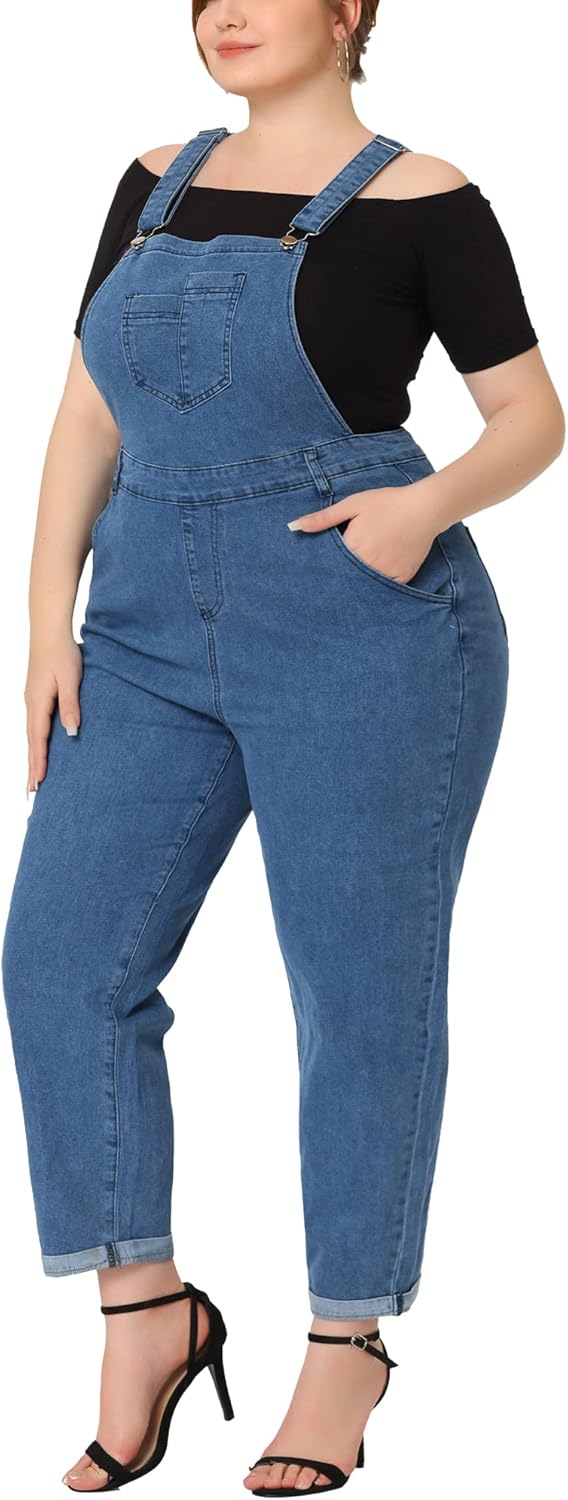 Agnes Orinda Women's Plus Size Casual Stretch Adjustable Denim Bib Overalls Jeans Pants Jumpsuits - Image 2