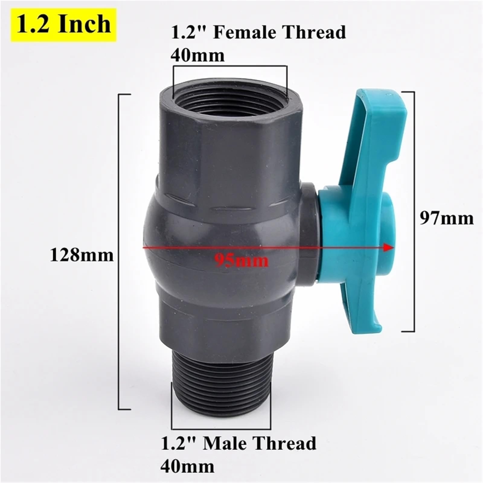Válvula de bola gris con rosca hembra-macho for riego jardín, válvula control agua 1/2" a 2", adaptador PVC for acuario(40mm-1.2 Inch)