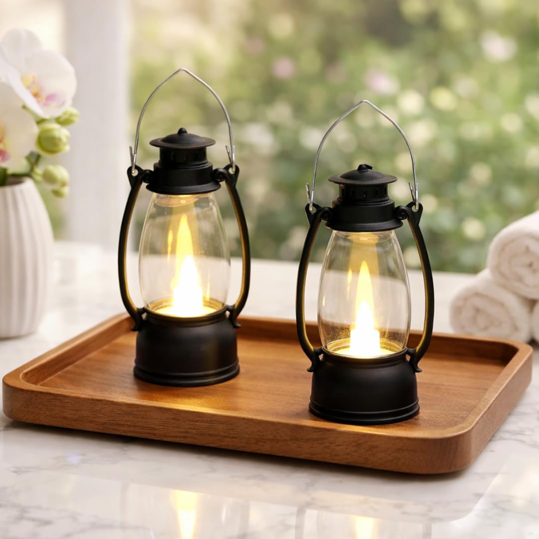 Satyam Kraft 2 Pcs Flameless & Smokeless Acrylic Antique LED Hurricane Lantern Lamp and Wall Hanging Led Candle Light Holder for Home Decor, Drawing Room, Living Room, Valentine Decor