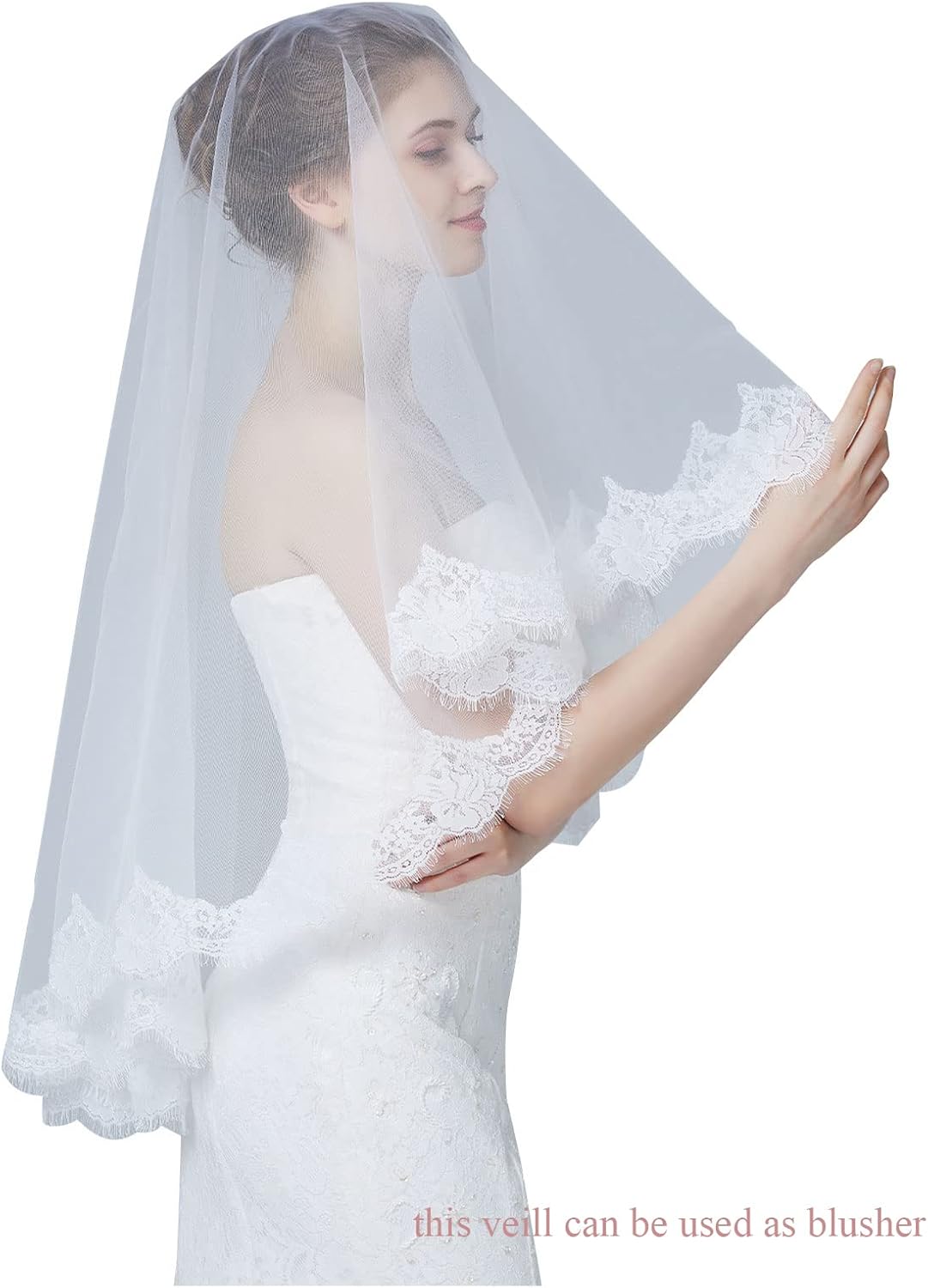 Wedding Bridal Mantilla Veil Eyelash Chantilly Lace Trim Waltz Cathedral Length Ivory White