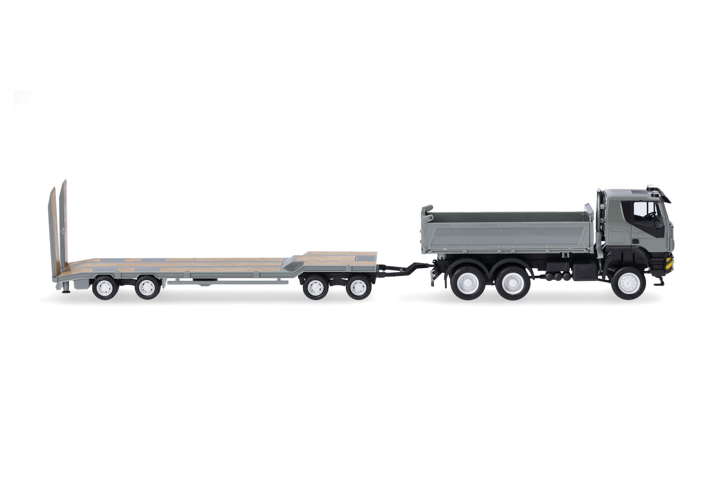 Herpa Maquette Camion Iveco Trakker 6x6 Kipper-LKW mit TU4-Anhänger, Grau/Gelb, échelle 1/87, Model Allemand, pièce de Collection, Figurine Plastique