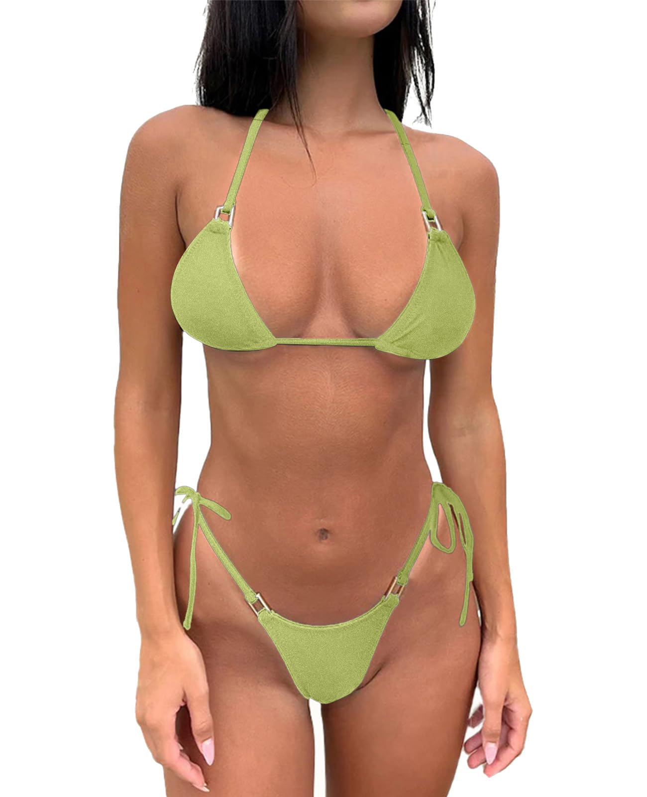 Photo 1 of Thong Bikini Set Women Halter String Bikini Cheeky Sexy Two Piece Swimsuit Adjustable Bathing Suit Swimwear (Grass Green, Medium)