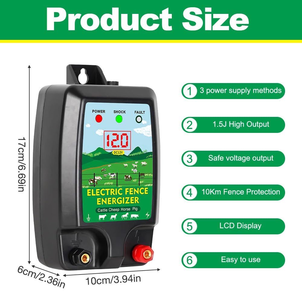 10KM Pastor Electrico, Cerca Eléctrica para Animales con Pantalla LCD, Pastor Electrico para Caballos, Ovejas, Ganado, Aves, Pastor, Protección Ideal para Pastos, Granjas y aves de Corral