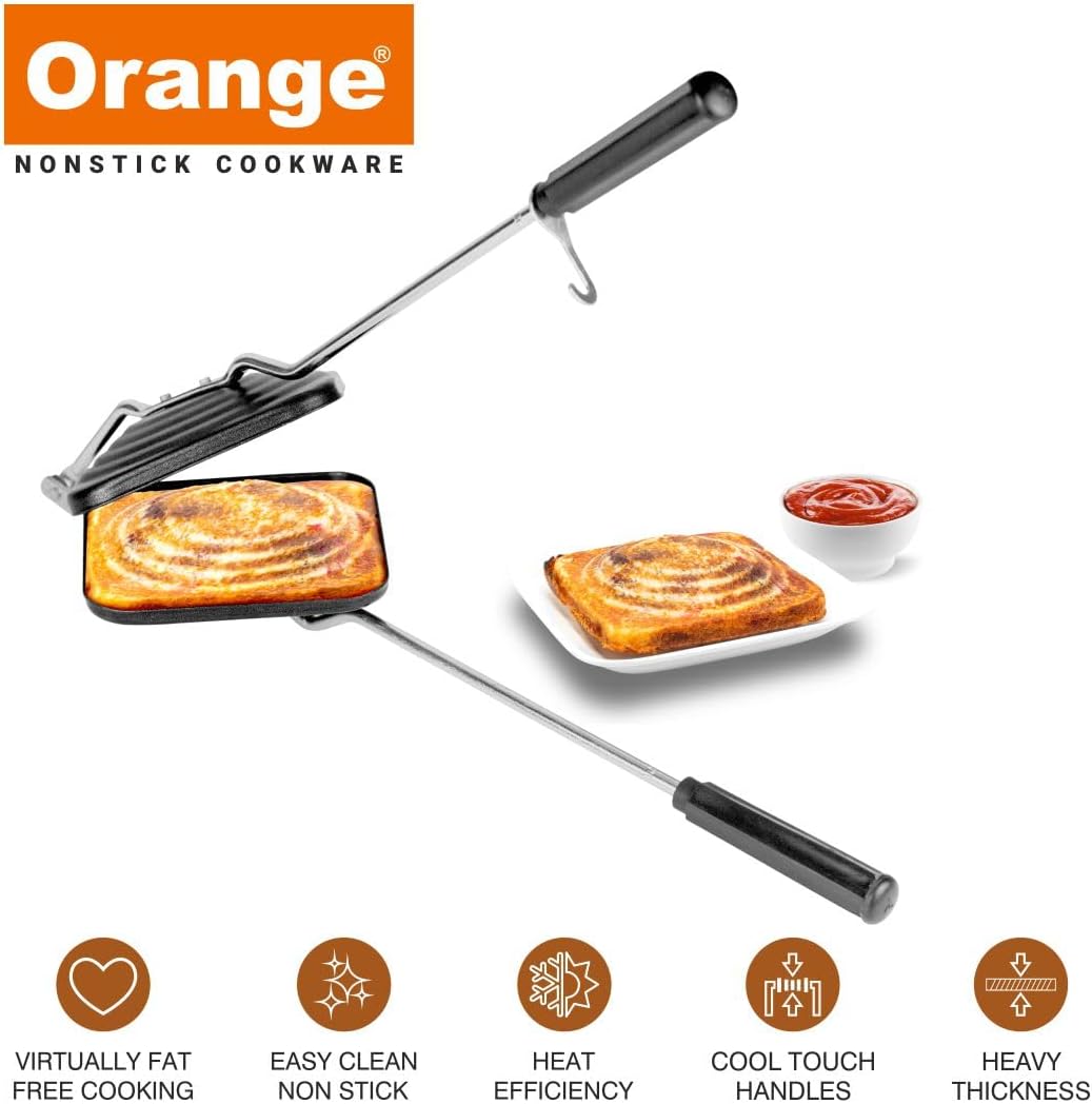 Orange Non-Stick Sandwich Toaster with free nylon Tongs & Scrubber | Daily Use, non-electric Sandwich Maker | Gas Stove Compatible| Black