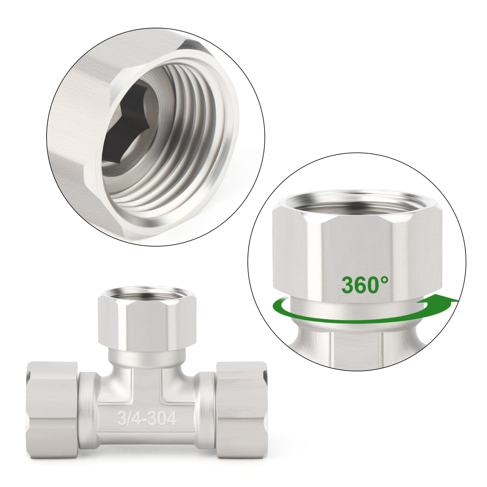 TAISHER 2 accesorios de tubería de acero inoxidable 304, conector FNPT de 3/4 x 3/4 pulgadas FNPT de 3 vías para sistemas de flujo de aire, propano, aceite, gas, gas
