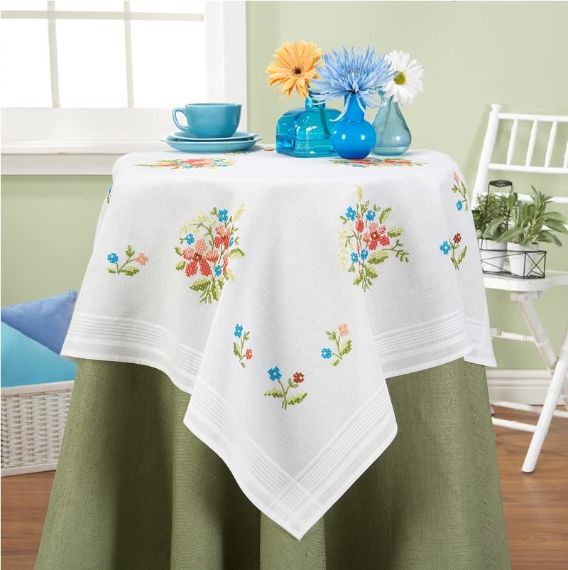 DECO-LINE Spring Flowers Printed Tablecloth Embroidery KIT, White, 80 X 80 cm, 31.5 x 31.5 inch (Square)