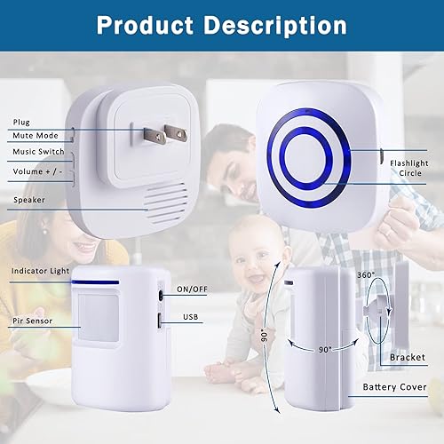 Miniatura 2 de Seanme Alarma con sensor de movimiento, alarma de entrada inalámbrica, alarma de detección de negocios de seguridad para el hogar con 4 sensores y 1