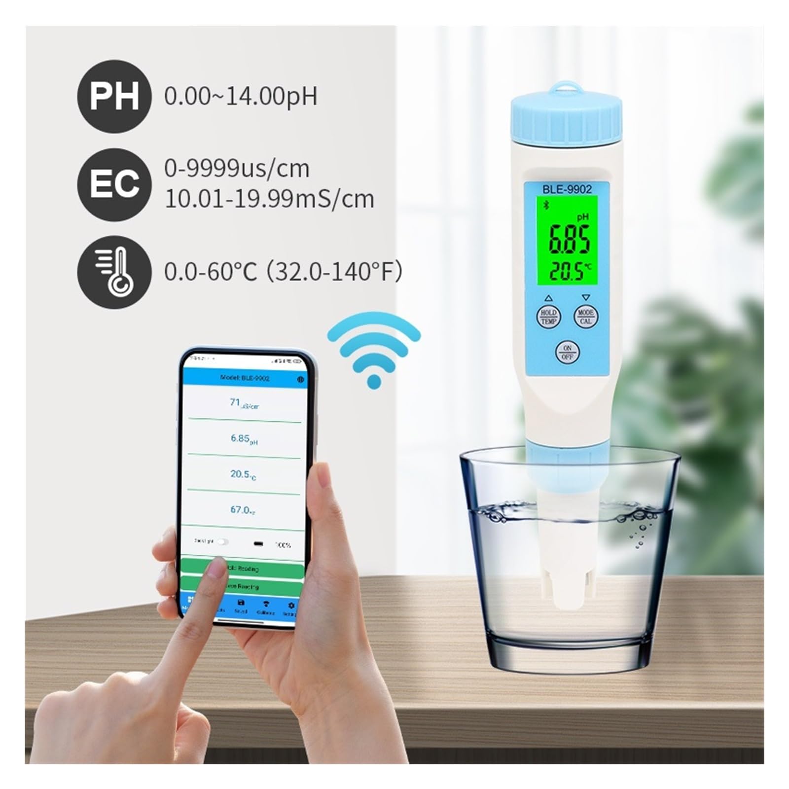 Medidor Agua 3/4/5/7 En 1 Medidor De PH Bluetooth TDS/EC/ORP/salinidad/SG/Herramienta Temperatura Monitor Calidad del Agua Digital Probador For Acuario Multiusos Preciso Fácil(BLE-9909)