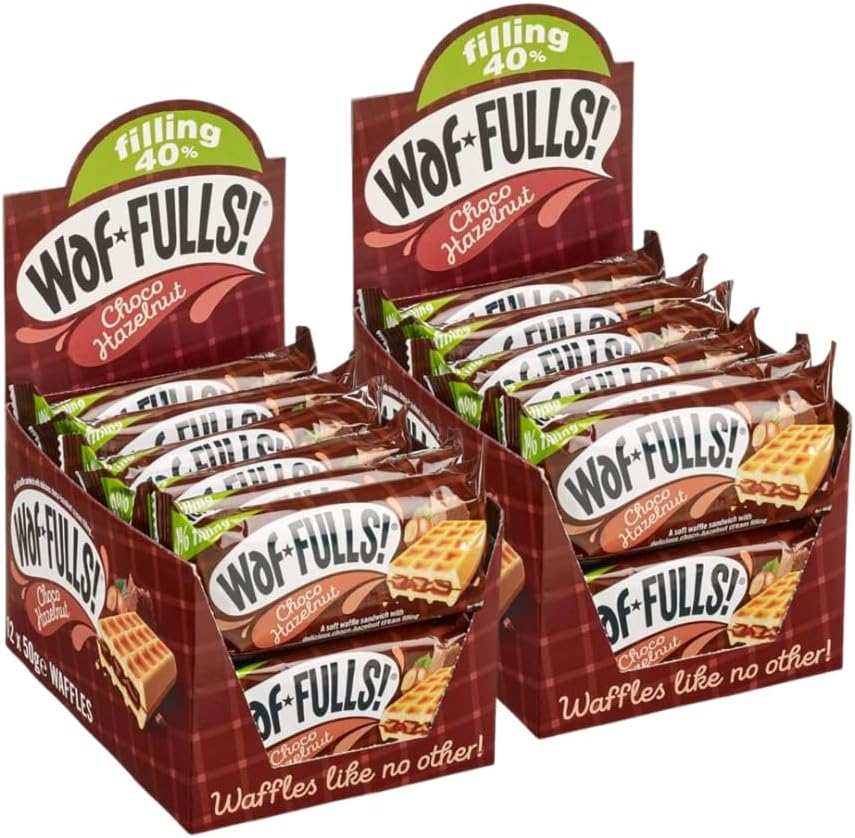 WafFULLS!Choco Hazelnut Waffles Pack of 2 (12x 50g) - Soft Waffle Sandwich Breakfast Snacks Ready to Eat Snack for Kids and Adults Hazelnut Chocolate Bars Waffles Snacks Bulk Christmas Gifts
