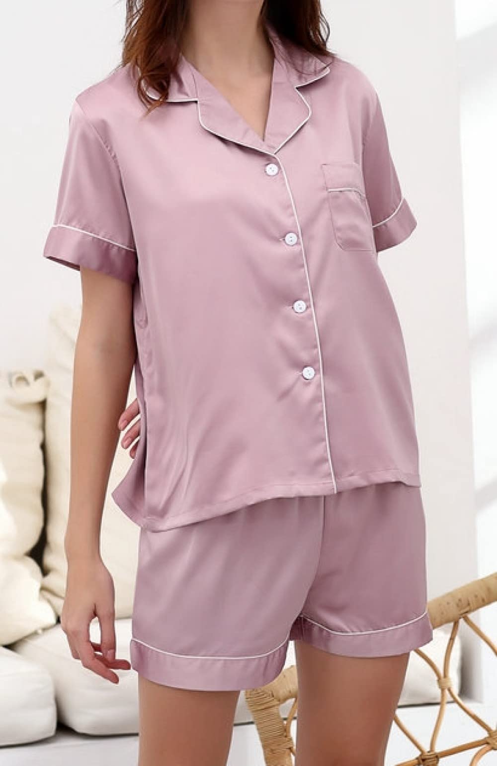 Pijama De Mujer Manga Corta,Botones De Solapa De Color Loto Pijama De Manga Corta Para Mujer Conjunto De 2 Piezas Pijama De Mujer Suave Y Cómodo Ropa De Salón Regalo Del Día De La Madre Para Espo