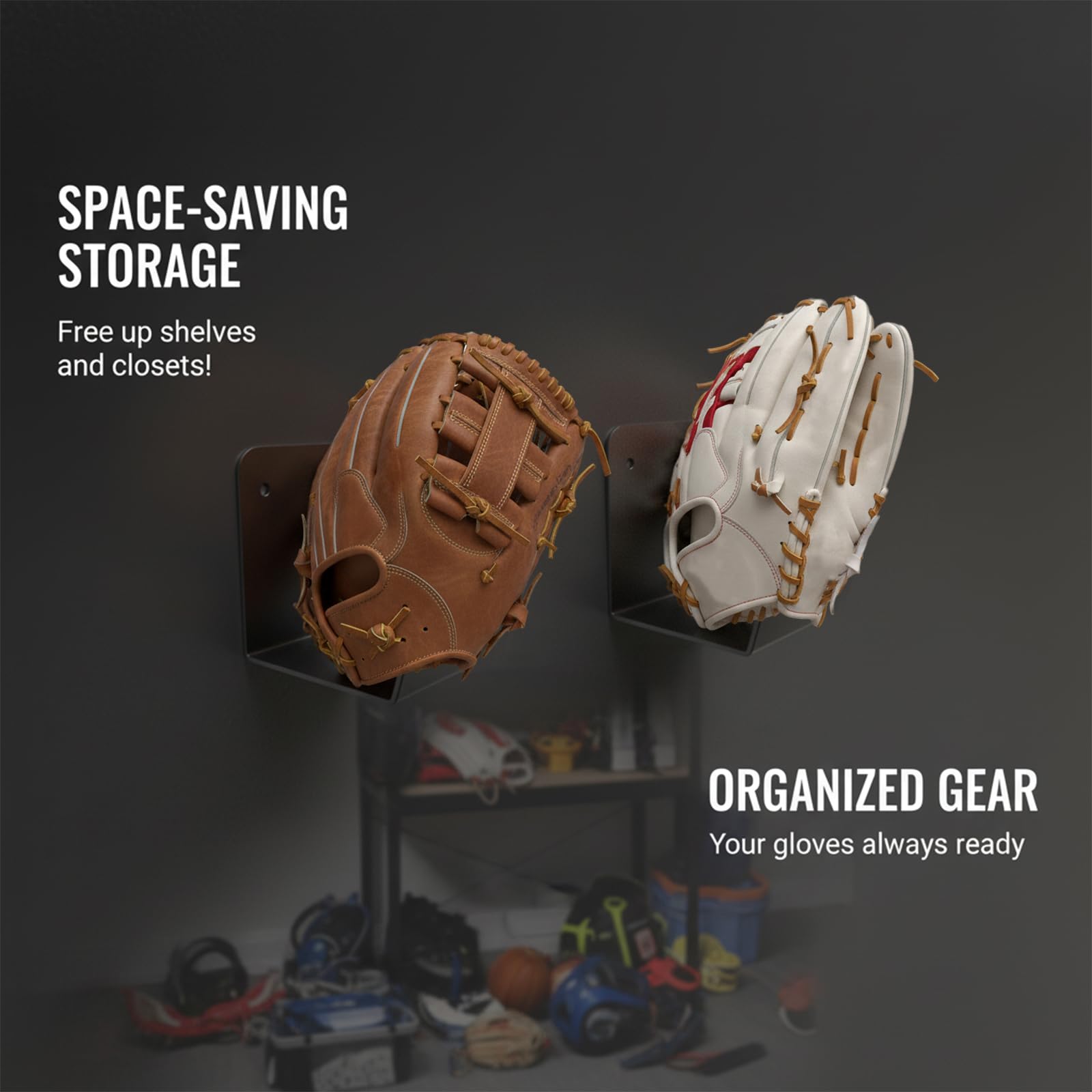Lot de 2 supports muraux en métal pour gants de baseball [flottant invisible pour garder la forme du gant] [pas de perçage] [Rangement peu encombrant] Décoration sportive pour chambre à coucher ou