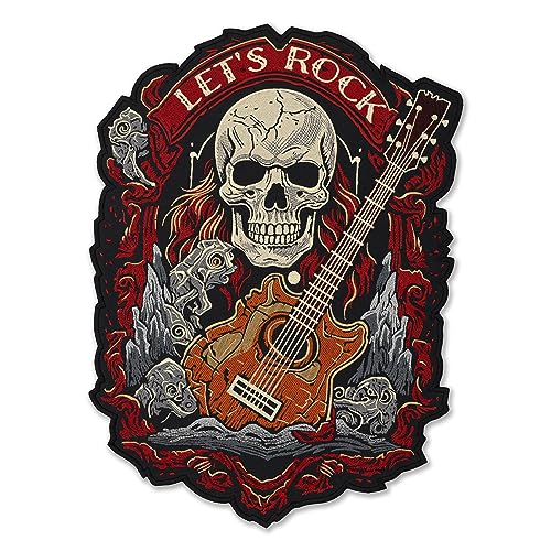EMBROVERSE Let's Rock Guitar Skull Large Back Patch - Embroidered Iron-On with Guitarist Skeleton Theme, Perfect for Biker Jackets, Premium Quality, 10.4 x 14 inches